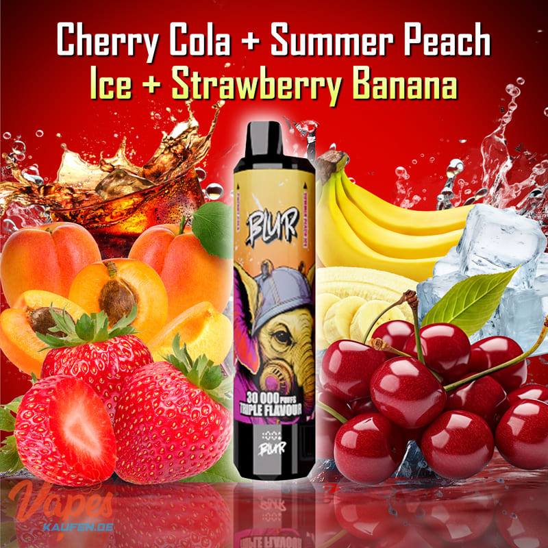 BLUR 30000 3in1 Vape mit 2 % Nikotin in den Sorten Cherry Cola, Summer Peach Ice und Strawberry Banana