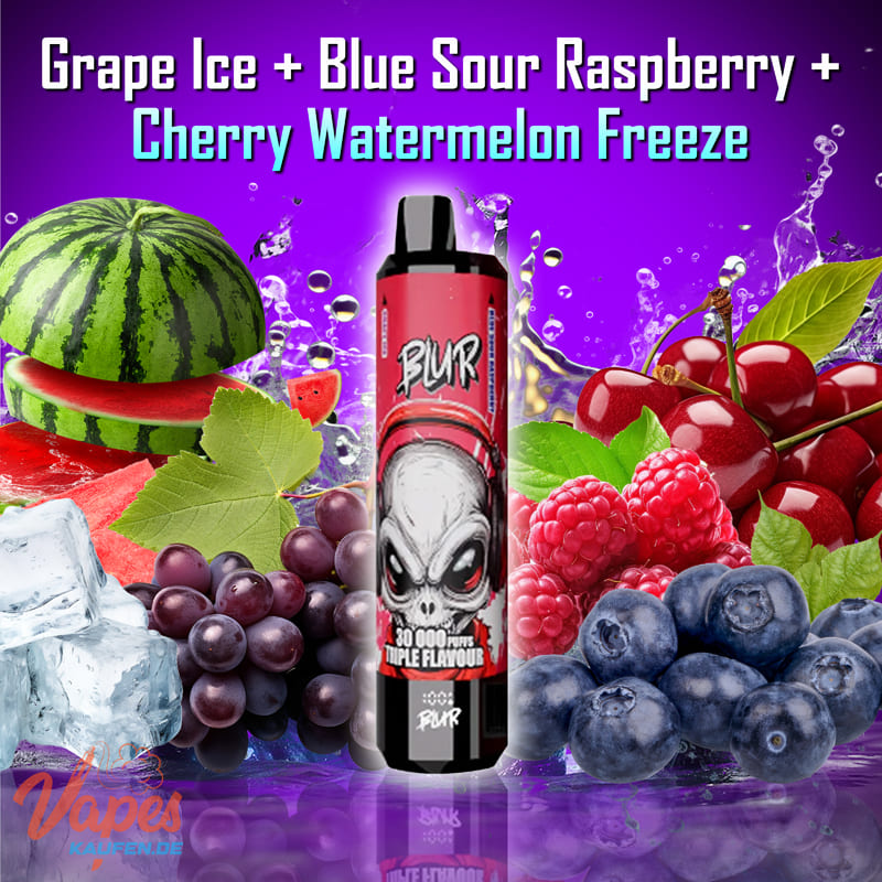 BLUR 30000 3in1 Vape mit 2 % Nikotin in den Sorten Grape Ice, Blue Sour Raspberry und Cherry Watermelon Freeze