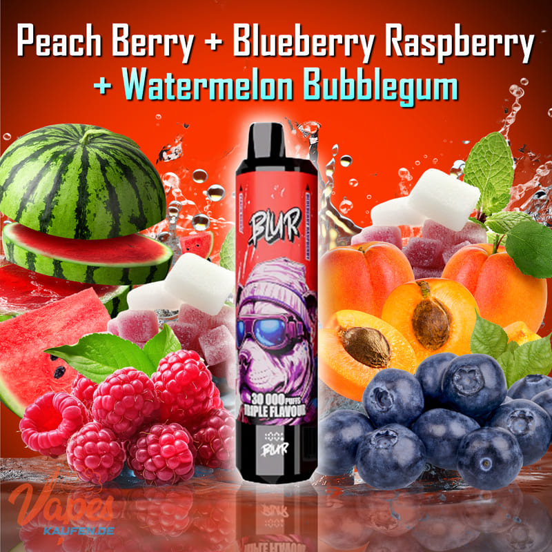 BLUR 30000 3in1 Vape mit 2 % Nikotin in den Sorten Peach Berry, Blueberry Raspberry und Watermelon Bubblegum