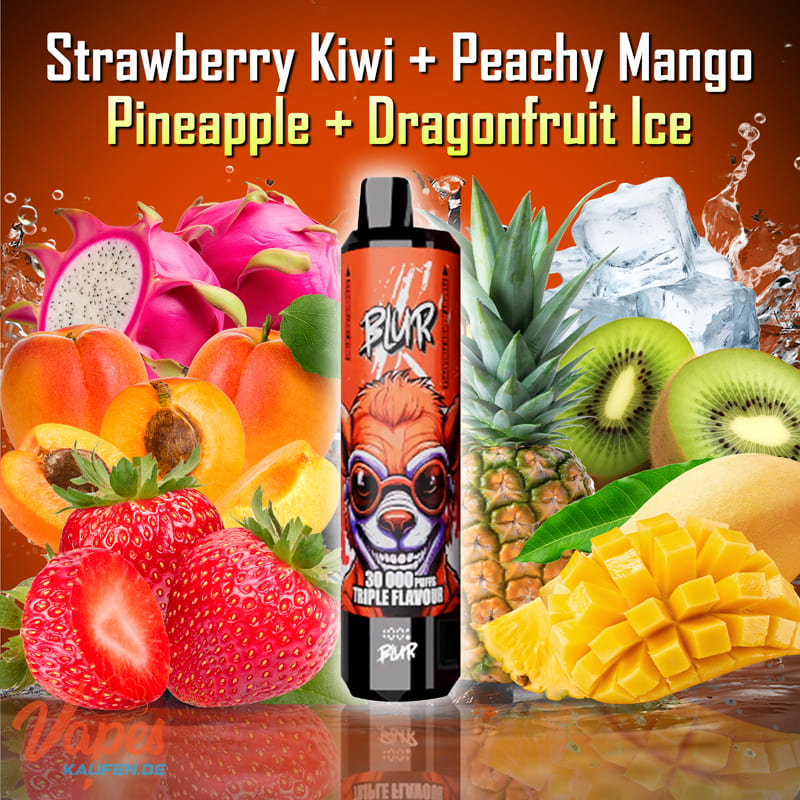 BLUR 30000 3in1 Vape mit 2 % Nikotin in den Sorten Strawberry Kiwi, Peachy Mango Pineapple und Dragonfruit Ice
