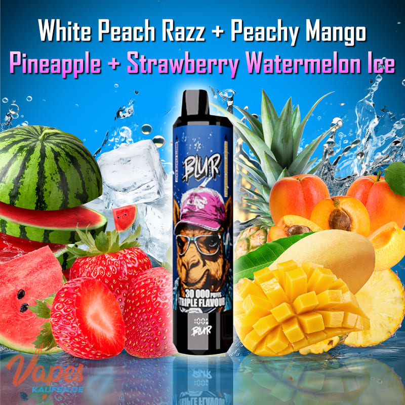 BLUR 30000 3in1 Vape mit 2 % Nikotin in den Sorten White Peach Razz, Peachy Mango Pineapple und Strawberry Watermelon Ice
